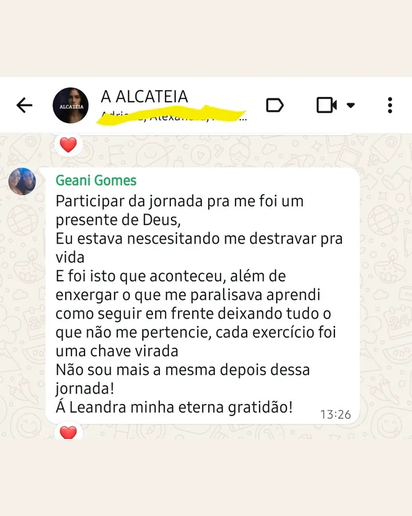 Print de mensagem de Geane sobre a Jornada das Lobas